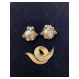 2in Signed Trifari Brooch Pin and 1in Signed Robert Clip-on Earrings