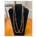 25in Vintage Sarah Coventry 3 Strand Gold Tone Necklace w/Bezel Set Amber Crystals