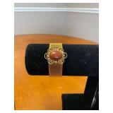 7in Vintage 1960s Gold Tone Articulated Mesh Bracelet Victorian Style Beautiful Glass Stone