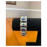 7in Kynvitb Vintage Russian White Enamel Blue Aurora Borealis Rhinestone and Faux Pearl Bracelet