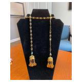 Indian Lariat Necklace Gold Tone- Each End w/Dangling Ball Tassels Filligree w/Daisy Blue Stones