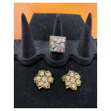 1in Vintage Green Aurora Borealis Rhinestone Clop-on Earrings and 0.75in Matching Adjustable Ring