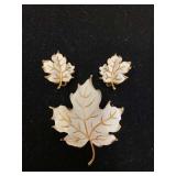 3in Trifari White Enamel Maple Leaf Brooch and Matching 1.5in Signed Trifari Clip-on Earrings