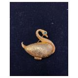 2x1.5in Vintage Textured Gold Tone Swan w/Green Rhinestone Eye Locket/Brooch