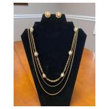 17in Vintage G Strand Pearl and Gold Tone Necklace and 0.75in Matching Clip on Earrings