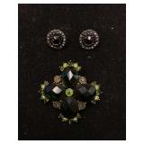 Antique 2in Brooch and 0.5in Clip-on Earrings