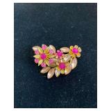 2.5in Vintage 1950s Judy Lee Gold Tone Pink Floral Brooch Pin