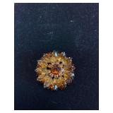2in Vintage Amber Aurora Borealis Rhinestone Flower Pin Brooch
