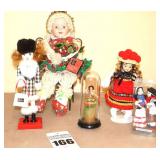 Variety of Dolls - Vintage Christmas Sitter Doll on Metal Chair Mop Head Doll etc.