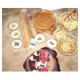 Baskets, Quilting rack, Needlepoint, variety of cross-stitched wall items