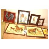 Variety of Wall Art Items: 3 Framed Precious Moments Cross-stitch, Metal Rooster, Horses