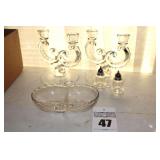 Fostoria "Century" Clear -2 Double Ligh Candle Sticks, 2 Part Relish Dish, Salt & pepper set etc.    Matching Lots #43,44, 45 & 46