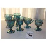Indian Harvest Grape Blue Iridescent Carnival Glass Items, Pedestal Pitcher, sugar Bowl & 4 Wine Glasses