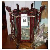 Traditional Koren/Chinese Style Wooden Lantern Lamp with Painted Panels with landscape design - electrical chain and bulb  18"x17"x15"