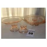 Vintage Pink depression glass "Madrid Design" Oval Serving Bowl, Pedestal Cake Dish, & 2 Candle Stands