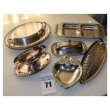 Variety of Silver Plate Items: Serving Dish with lid, Gravy Boat with attached Plate, Divided Tray, Leaf Shaped dish Heart Shaped Dish, Butter Dish with lid and glass dish etc.
