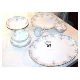 Imperial China by W. Dalton made in Japan "Seville" Serving Pieces: Large Platter, Round Platter, 2 round serving Bowls, Gravy Boat on Plate, Creamer, & sugar bowl with lid           **Matching lot #3