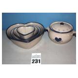 Variety of Pieces of Ceramic items: Set of Heart shaped Bowls (4) & Lidded Dish with similar design                                **Matching Lots #232