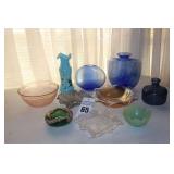 Variety of Colored Glass items some vintage Depression glass bowl, Ruffled Edge Bowl, 2 ruffled edge trays (clear & iridescent blue) 3 blue vase & ruffled edge vase, green blown glass ash tray, green 