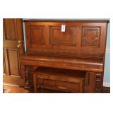 Fischer Antique Upright Piano (56"x60"x27") - Ornate Victorian Style with Wood Bench  (20"x37"x14")                                   **Buyer will need to bring help to move or hire professional mover