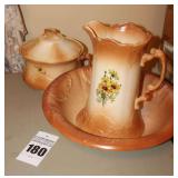 Hand Painted Ceramics: Wash Bowl, Pitcher Pot with top (and cup not in group picture)               **Matching lot design #181