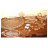 Variety of Glass Serving Pieces - Large Oval Platter, Lidded Candy Dish, Bowl, Divide Dish, 3 toed Dish, Salt & Pepper set, Silver ware bowl etc.