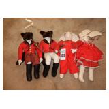 Vintage Mr. & Mrs. Fox Huntsman Plush Dolls & set of Boy & Girl Cloth Dolls