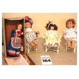 Variety of Dolls" 1950 - Doll in Box "Angelina" Lectica Italy, 2 Cloth Dolls in chairs & additional dolls