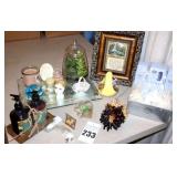 Mirrored Vanity Tray with variety of additional Items: New Enobe Personal Kit , Hand Soap/Lotion new in package, Framed Wall Art, & additional items (candle paperweight, porcelain basket etc.)