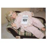 Collector Doll by Susan Wekeen Numbered 1183/5000 - "Love me Tender 1990 on small wood framed fainting sofa