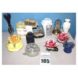 Variety of Decorative items: 2 Capodimonte Porcelain flowers for Italy, lidded containers, vintage Blue Glass ash Tray Top Hat, Variety of Bud Vases etc.