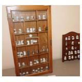 Wood Curio Cabinet (11.5"x3"X22")  glass doors with variety if Porcelain/Ceramic Thimbles & Smaller Wood display shelf for Thimbles