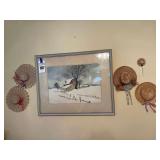 Framed and Matted Snow scene Wall Art Print (24"x25.5") & 5 Straw Hats for décor