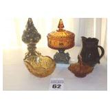 Variety of Amber/Golds/Brown items: some Vintage Ceramic fruit Display, Marble Based Candy Dish with Lid, 2 Serving Bowls/baskets & ceramic pitcher