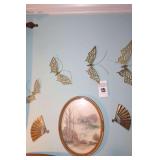 Wall Display Items: Oval Vintage Wall Print (17"x13"), 2 Brass fans, 4 Brass Butterflies
