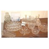 Variety of Glass Serving Pieces -  Lidded Dish, Candle Stick, Bowls, Egg Tray, Relish Dish, Divided Bowl, Bud Vase, Serving Platter etc.