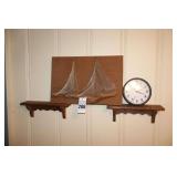 2 Small wood shelves (6"x17"), wall clock and Decorative wall Display Ship