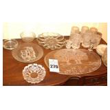 Variety of Glass Serving Pieces - Serving Tray, Candle Holder, Salt sellers, Egg Tray, Set of 6 Glasses. Etc.