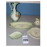 Variety of Handmade Ceramic Items: (shades of green) Vase with flower design, Pitcher, Pitcher with bowl, 3 platters/trays