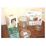 Variety of Glass Serving Pieces - Domed Cake Pan (New in Box), Vase (new in Box), Bowls, Trivet Dish, Duske Irish Hand cut Crystal Glass Vase in Box