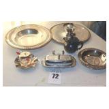 Variety of Silver Plate Items: Serving Bowl, Plate with cup, creamer, Glass cup with lid and tray, Butter Dish with lid and glass dish etc.