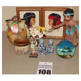 Variety of Indian/Native American items: Doll, Wedding Pitcher, Cross Stitch etc..