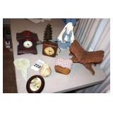 Variety of Decorative Items; Several wood items - 2 Vintage Clocks Tree, Folding Bible Stand, Coaster, Wall Items etc.