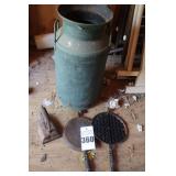 Vintage Items: Cast Iron Waffle Pads, Milk Jug, & Cast Iron Iron