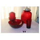 Variety of Red Glass items: Some vintage Cookie Jar, Bowl, Candle Stands etc.