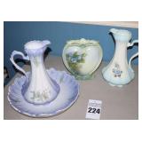 Variety of Handmade Ceramic Items: Bowl & Pitcher, Pitcher (teal with flowers), Oval Shape Vase (teal/blue)