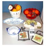 Variety of Handmade Ceramic Items: 2 Ceramic Bowls with Glazed Fruit, Some serving trays, Glazed Porcelain Basket/Bowl & 2 Trivets