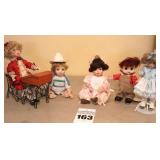 Variety of Porcelain dolls - Kais boy with Hat, Boy Harold by Fred Thompon, Hamilton House Girl with Bubble, Teacher at Desk & Porcelain doll on stand