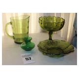 Variety of Vintage Green Glass Items: Pitcher Grape & leaves Design low dish, Pedestal Indian Glass Teardrop Friit Bowl & Emerald Ruffled Edge Vase