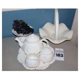 Variety of White pieces of Ceramic pieces: Basket, Tea set with pot, creamer, sugar bowl & plate, Stand etc.